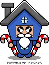 cartoon vector cute blue house mascot costume doodle character holding christmas candy