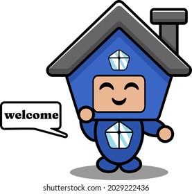 cartoon vector cute blue house mascot costume doodle character saying welcome