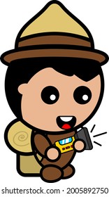 cartoon vector cute boy character who likes camping holding flashlight