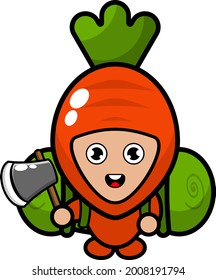 cartoon vector cute carrot mascot character carrying a camping bag and holding an ax