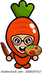 Cartoon-Vektorcute-Karotte Maskottchen mit Malwerkzeug und Zeichenpinsel