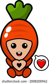 cartoon vector cute carrot mascot character sitting with love hands and love chat bubbles