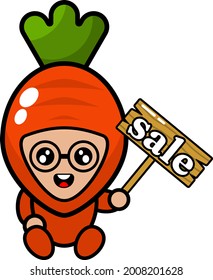 cartoon vector cute carrot mascot character sitting holding a sales board