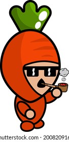 vector de dibujos animados lindo personaje de la mascota de zanahoria fumando y usando gafas