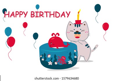 Cartoon Vector of cute cat, fish cake, balloons and text "Happy Birthday" on party, used to make cards, note, content or background.