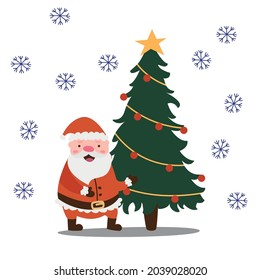 Vector de caricatura lindo personaje de Santa Claus parado y se regocija bajo el árbol de Navidad con traje rojo y barba. Ilustración plana vectorial.Cartel, postal, felicitaciones por Navidad o Año Nuevo.