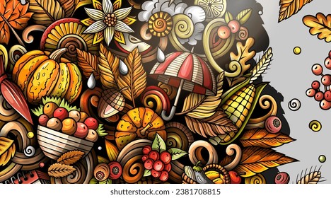 Cartoon vector cute colorful doodles Fall season background. Autumn banner design. NOT AI