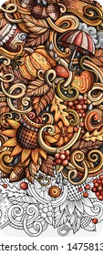 Cartoon vector cute colorful hand drawn doodles Fall season background. Autumn banner design.