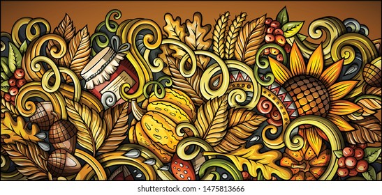 Cartoon vector cute colorful hand drawn doodles Fall season background. Autumn banner design.