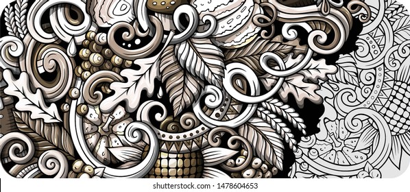 Cartoon vector cute colorful hand drawn doodles Fall season background. Autumn banner design.