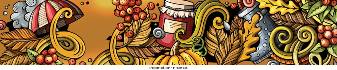Cartoon vector cute colorful hand drawn doodles Fall season background. Autumn banner design.