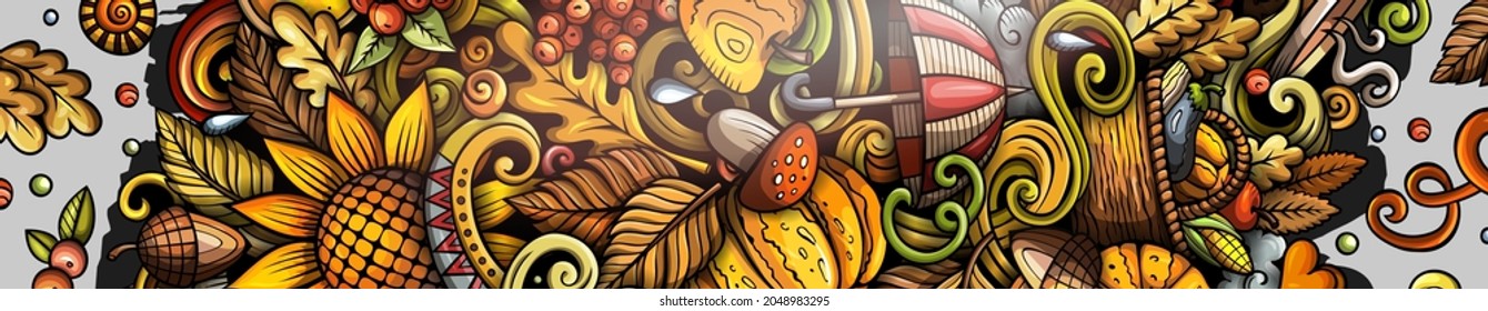 Cartoon vector cute colorful hand drawn doodles Fall season background. Autumn banner design.