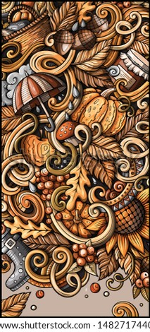 Cartoon vector cute colorful hand drawn doodles Fall season background. Autumn banner design.