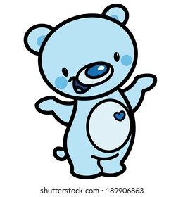 Cartoon vector cute cyan cheerful adorable teddy bear with heart isolated in white background