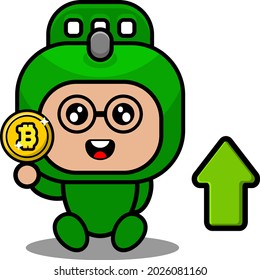 cartoon vector cute doodle rolling pin mascot costume character bitcoin with up arrow