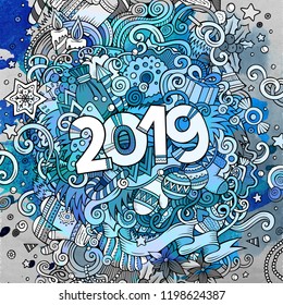 Cartoon vector cute doodles hand drawn 2019 year illustration. Watercolor picture with new year theme items.