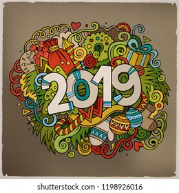Cartoon vector cute doodles hand drawn 2019 year illustration. Bright colors picture with new year theme items.