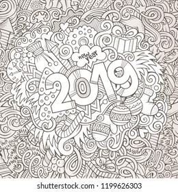 Cartoon vector cute doodles hand drawn 2019 year illustration. Sketchy vintage picture with new year theme items.