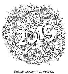 Cartoon vector cute doodles hand drawn 2019 year illustration. Sketchy picture with new year theme items.