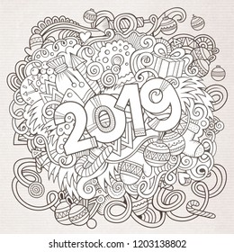 Cartoon vector cute doodles hand drawn 2019 year illustration. Sketchy vintage picture with new year theme items.