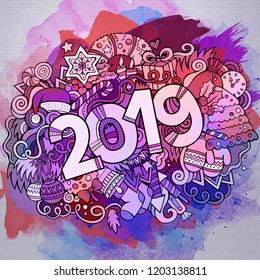 Cartoon vector cute doodles hand drawn 2019 year illustration. Watercolor picture with new year theme items.