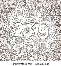 Cartoon vector cute doodles hand drawn 2019 year illustration. Sketchy vintage picture with new year theme items.
