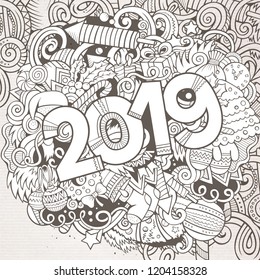 Cartoon vector cute doodles hand drawn 2019 year illustration. Sketchy vintage picture with new year theme items.