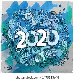 Cartoon vector cute doodles hand drawn 2020 year illustration. Watercolor picture with new year theme items