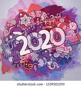 Cartoon vector cute doodles hand drawn 2020 year illustration. Watercolor picture with new year theme items.