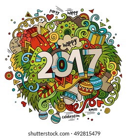 Cartoon vector cute doodles hand drawn 2017 year illustration. Bright colors picture with new year theme items.