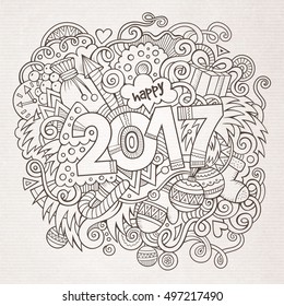 Cartoon vector cute doodles hand drawn 2017 year illustration. Bright colors picture with new year theme items.