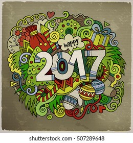 Cartoon vector cute doodles hand drawn 2017 year illustration. Bright colors picture with new year theme items.