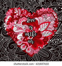 Cartoon vector cute doodles hand drawn Valentines Day illustration in heart shape