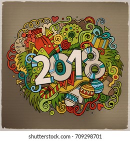 Cartoon vector cute doodles hand drawn 2018 year illustration. Bright colors picture with new year theme items.