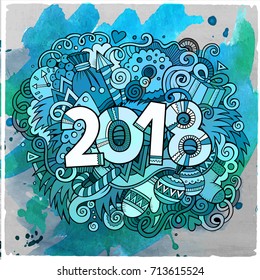 Cartoon vector cute doodles hand drawn 2018 year illustration. Watercolor picture with new year theme items.