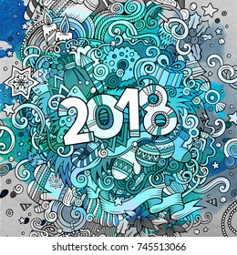 Cartoon vector cute doodles hand drawn 2018 year illustration. Watercolor picture with new year theme items.