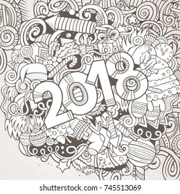 Cartoon vector cute doodles hand drawn 2018 year illustration. Sketchy vintage picture with new year theme items.