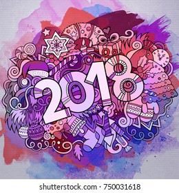 Cartoon vector cute doodles hand drawn 2018 year illustration. Watercolor picture with new year theme items.