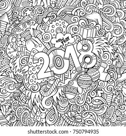 Cartoon vector cute doodles hand drawn 2018 year illustration. Sketchy vintage picture with new year theme items.