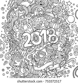 Cartoon vector cute doodles hand drawn 2018 year illustration. Sketchy vintage picture with new year theme items.