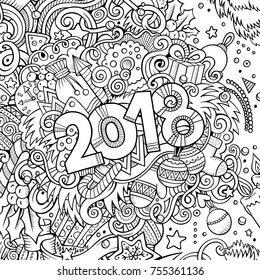Cartoon vector cute doodles hand drawn 2018 year illustration. Sketchy vintage picture with new year theme items.