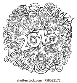 Cartoon vector cute doodles hand drawn 2018 year illustration. Sketchy vintage picture with new year theme items.