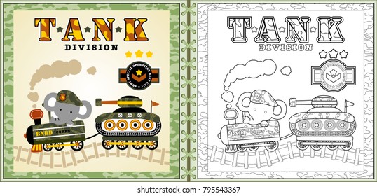 Cartoon vector of cute elephant on camouflage steam train with armored vehicle, coloring page or book