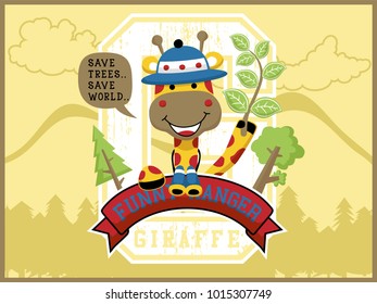 Cartoon vector of cute giraffe with binocular and ranger's cap holding tree branches, ranger elements illustration
