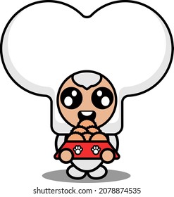 vector de dibujos animados lindo medio hueso personaje de disfraz de mascota sujetando comida para perros