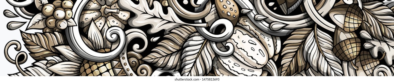 Cartoon vector cute hand drawn doodles Fall season background. Autumn banner design.