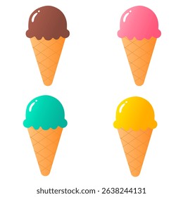 Cartoon vector cute ice cream  design set, brown, pink, blue. and yellow colors.