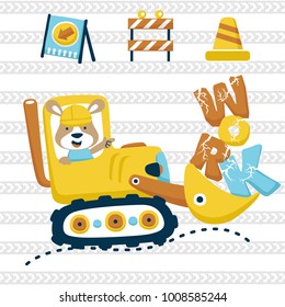 Cartoon vector of cute kangaroo driving construction vehicle on tire tracks background, construction elements