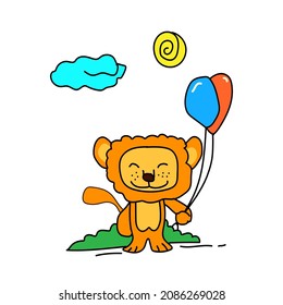 cartoon vector, cute lion cub carrying balloons