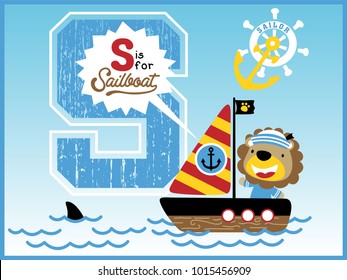 Cartoon vector of cute lion in sailor costume on sailboat, sailing elements illustration